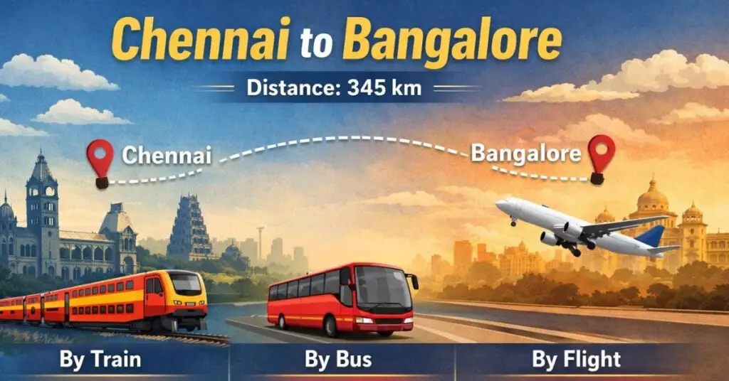 Chennai to Bangalore distance 345 km infographic showing train, bus and flight travel time and approximate ticket price comparison
