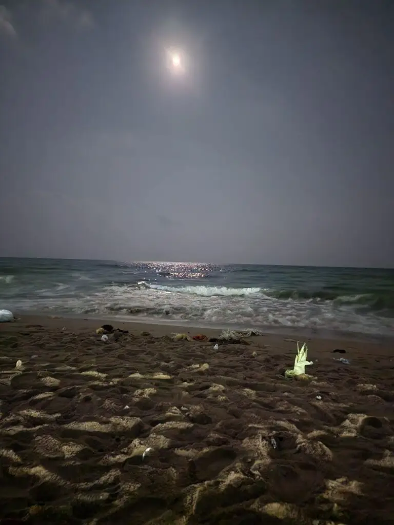 Telescope moon viewing at Marina Beach during a full moon evening