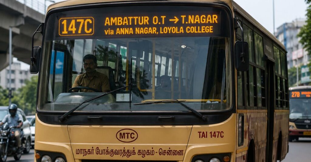MTC 147C bus route from Ambattur O.T to T Nagar with route display board Chennai