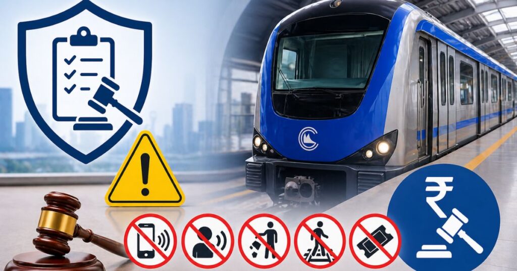 Chennai Metro train rules and penalties illustration showing fines, safety symbols and metro train