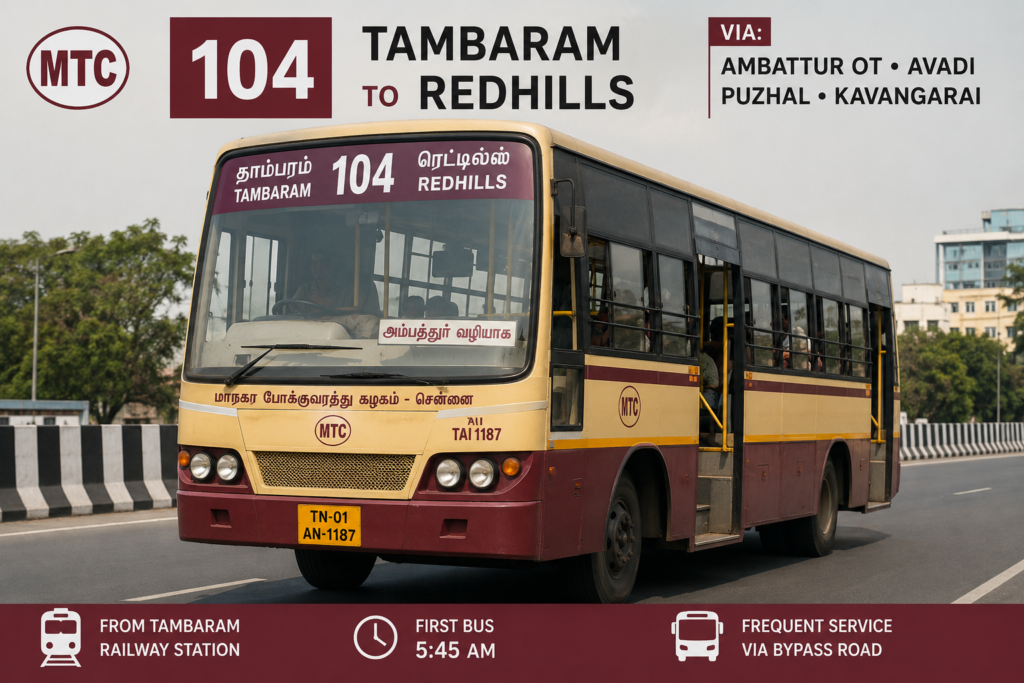 104 MTC Bus Route traveling from Tambaram to Redhills on Chennai Bypass Road near Ambattur and Avadi.