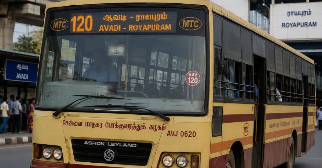 MTC 120 bus route Avadi to Royapuram on a Chennai city road