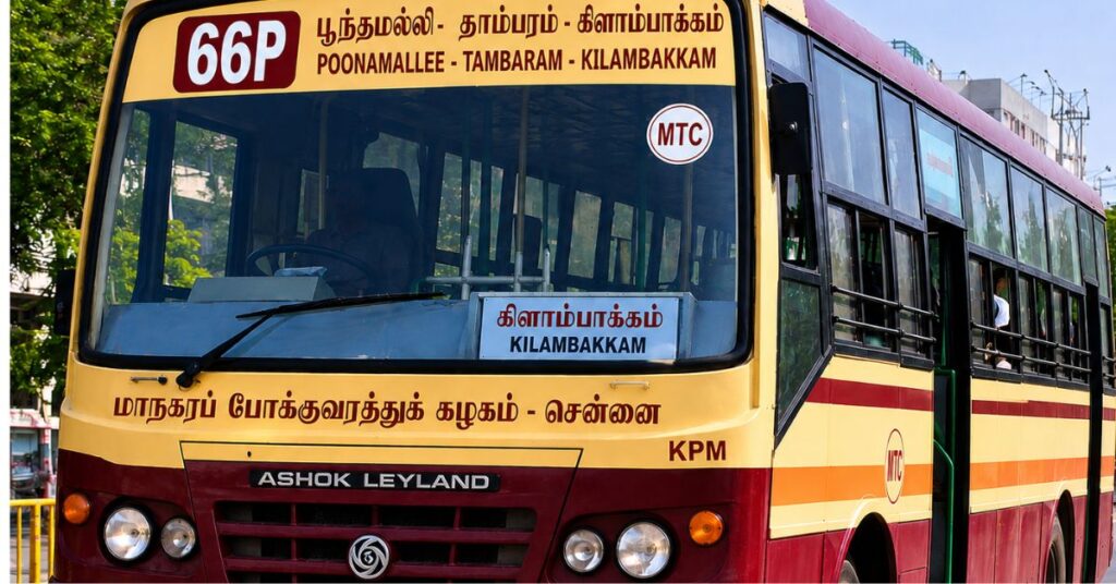 MTC 66P bus route traveling from Poonamallee to Kilambakkam in Chennai with route board displayed in Tamil and English.