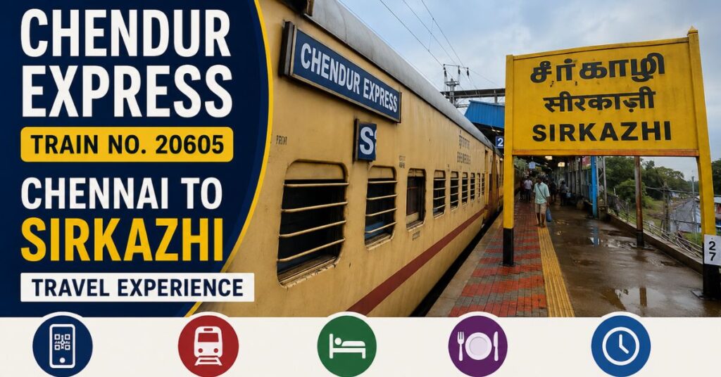 Chendur Express train at Sirkazhi railway station during rainy weather