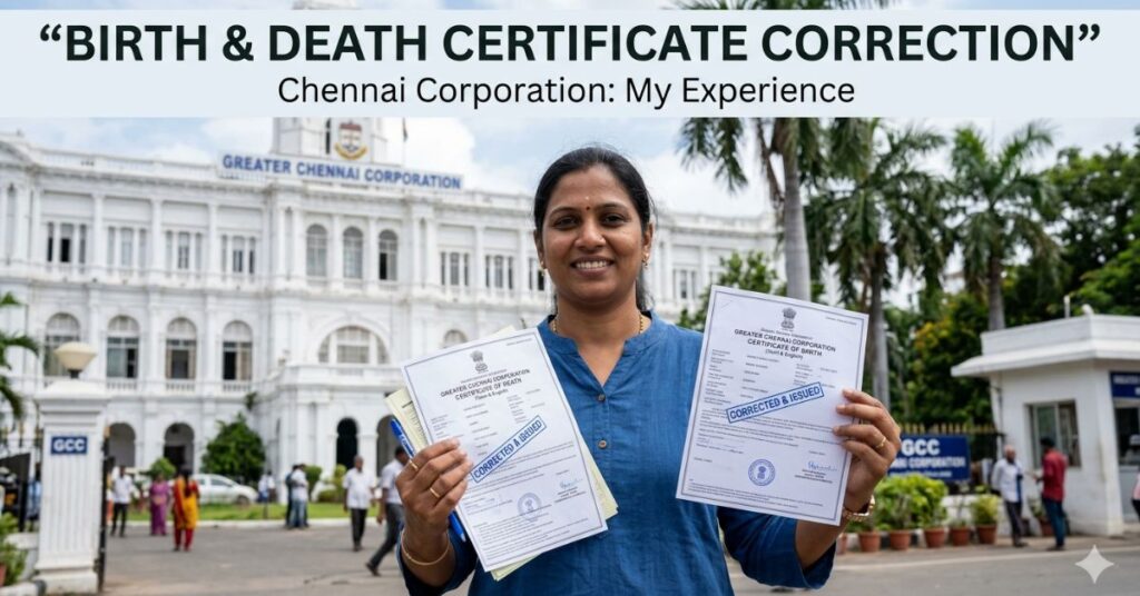 A person holding a corrected chennai corporation birth certificate and death certificate in front of the Ripon Building, the Greater Chennai Corporation headquarters.