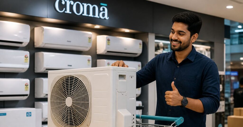 AC buying experience at Croma showroom with outdoor unit display and customer selection